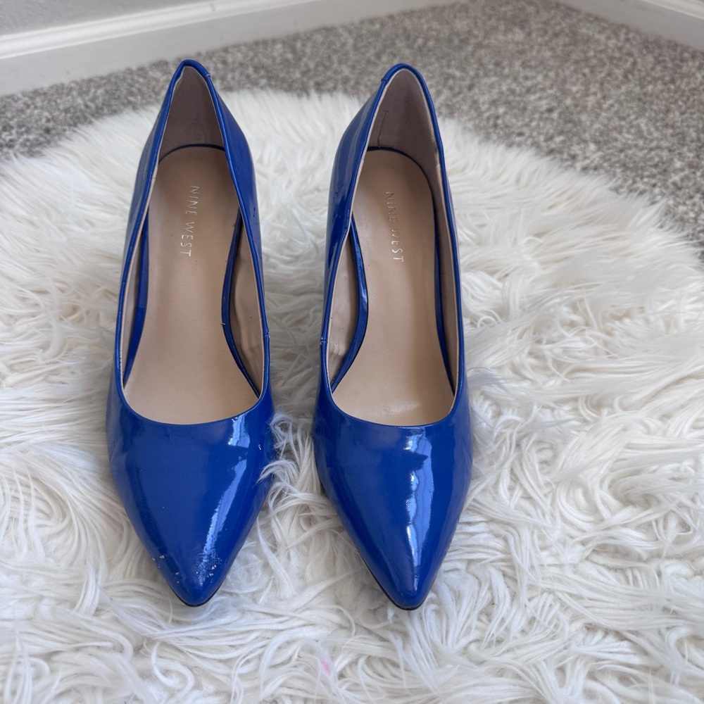 Nine West Cobalt Blue Patent Leather Pointed Toe Pumps 7.5